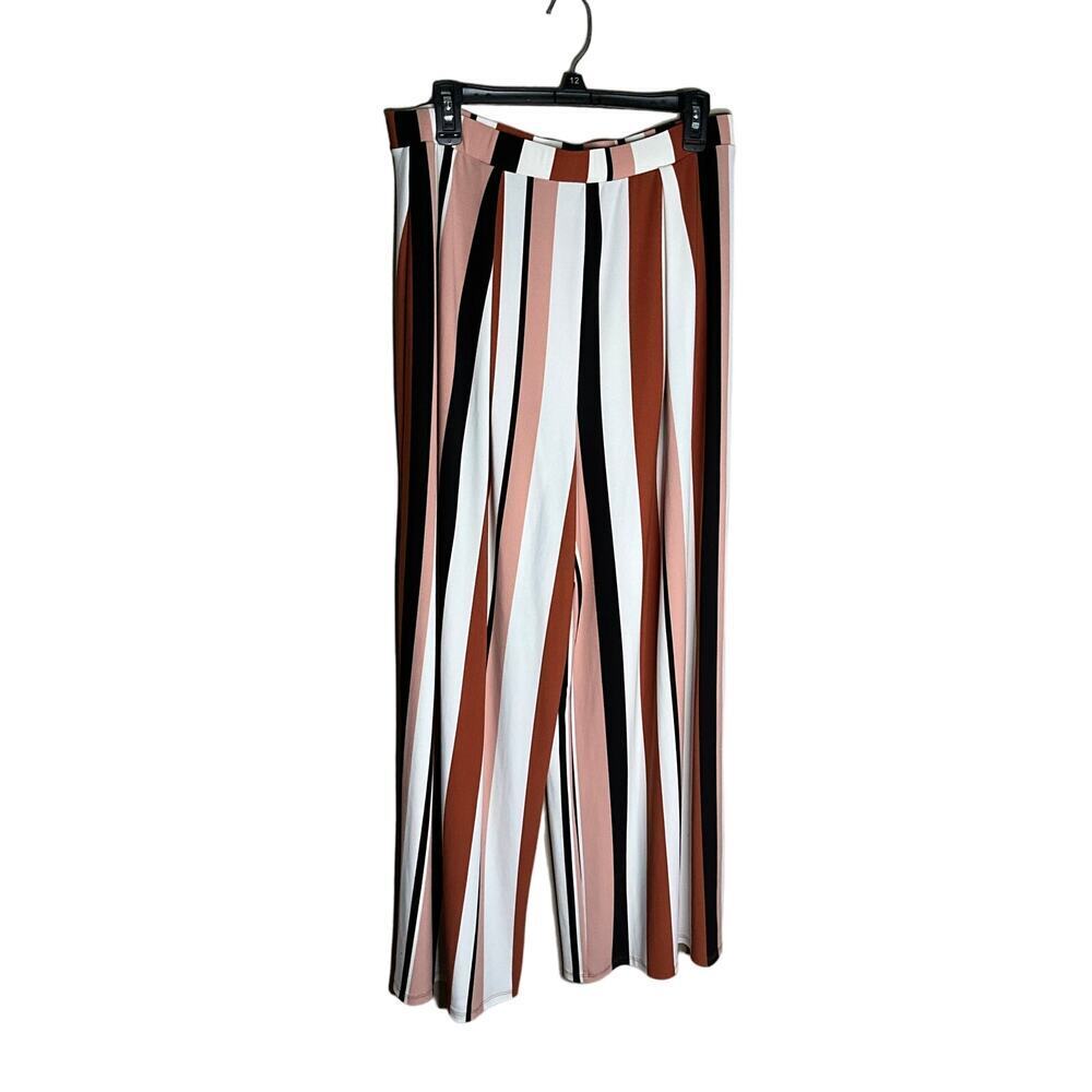Bar III Wide Leg Pants Striped Elastic Waist Pull On‎ Brown Black Womens Size L